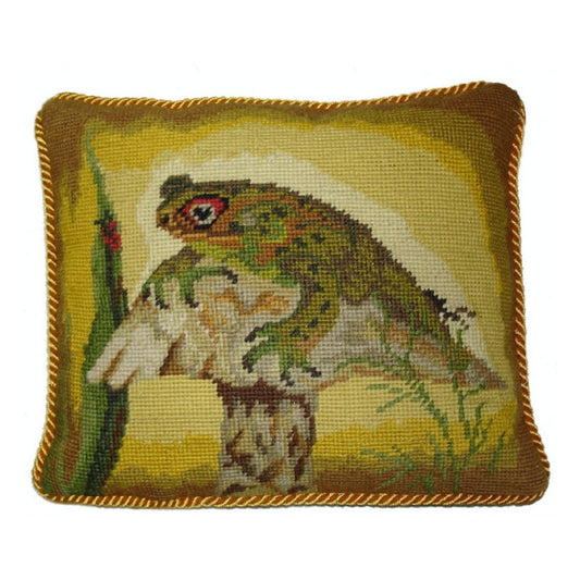 Handmade Wool Needlepoint Pillow Cover - Decorative Throw Cushion Cover - Vintage Floral Embroidery Design Frog on the mushroom with gold cording