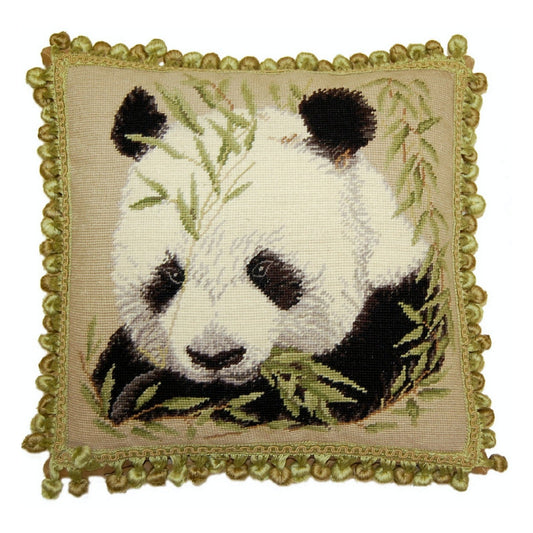 Handmade Wool Needlepoint Pillow Cover - Decorative Throw Cushion Cover - Vintage Floral Embroidery Design panda with tassels