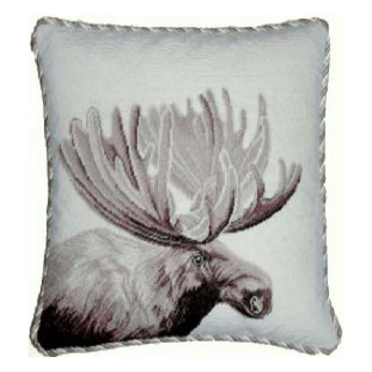 Handmade Wool Needlepoint Pillow Cover - Decorative Throw Cushion Cover - Vintage Floral Embroidery Design  Moose side with 3 color cording