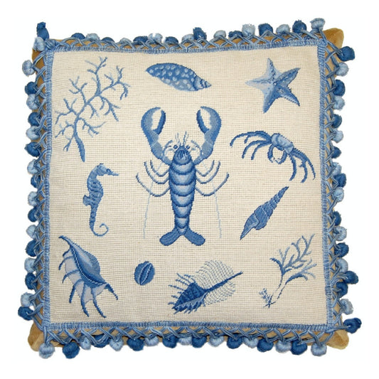 Handmade Wool Needlepoint Pillow Cover - Decorative Throw Cushion Cover - Vintage Floral Embroidery Design Fienst blue robster with tassels