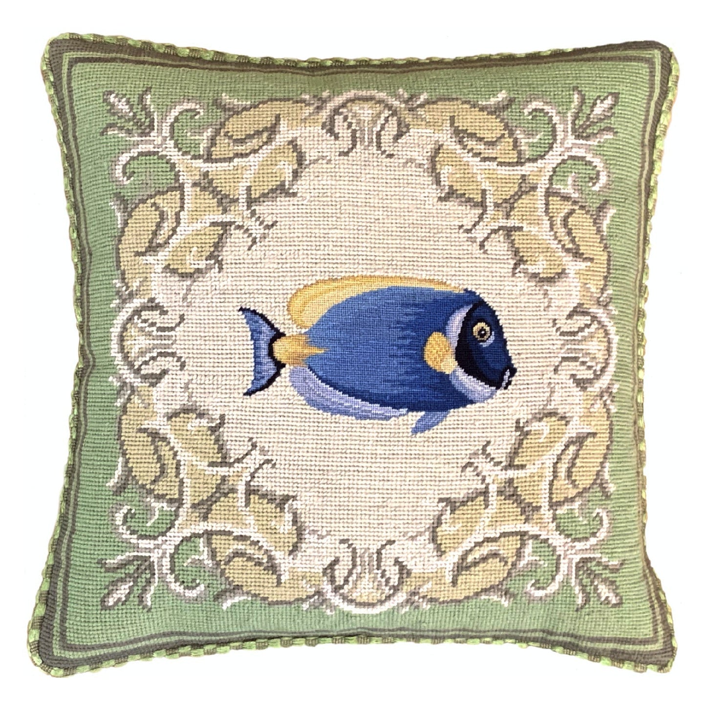 Handmade Wool Needlepoint Pillow Cover - Decorative Throw Cushion Cover - Vintage Floral Embroidery DesignFienst tropical fish - Surgeonfish with green frame checker cording