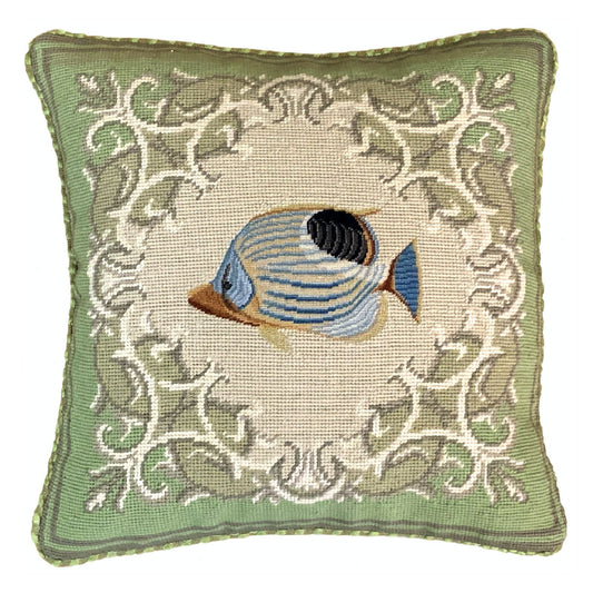 Handmade Wool Needlepoint Pillow Cover - Decorative Throw Cushion Cover - Vintage Floral Embroidery Designtropical fish-foureye butterflyfish green frame checker cording