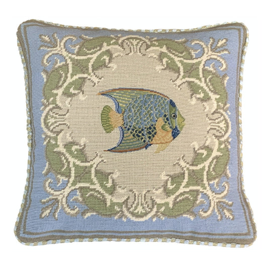 Handmade Wool Needlepoint Pillow Cover - Decorative Throw Cushion Cover - Vintage Floral Embroidery Designtropical fish-Queen Angel blue frame checker cording