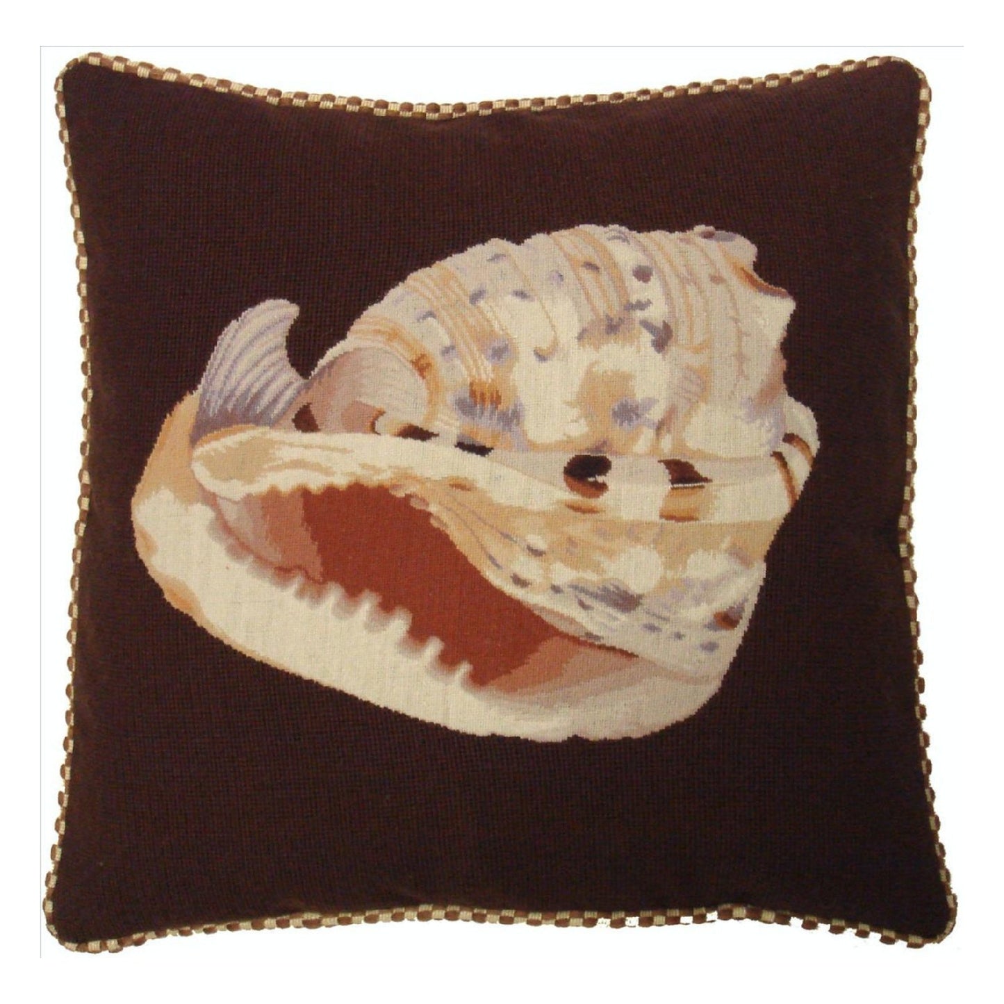 Handmade Wool Needlepoint Pillow Cover - Decorative Throw Cushion Cover - Vintage Floral Embroidery Design Conch shell dark brown background with cording