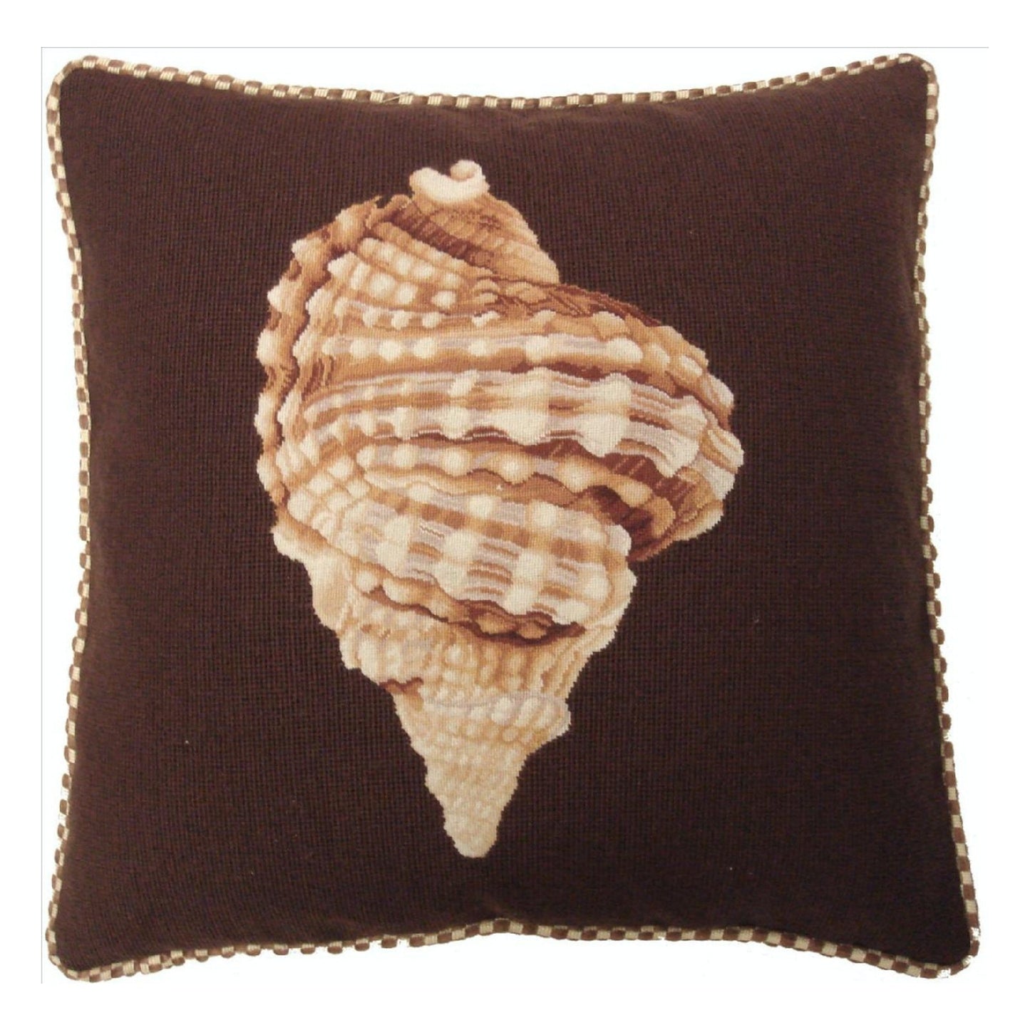 Handmade Wool Needlepoint Pillow Cover - Decorative Throw Cushion Cover - Vintage Floral Embroidery Design Hawaii Granulated frog shell dark brown background with cording