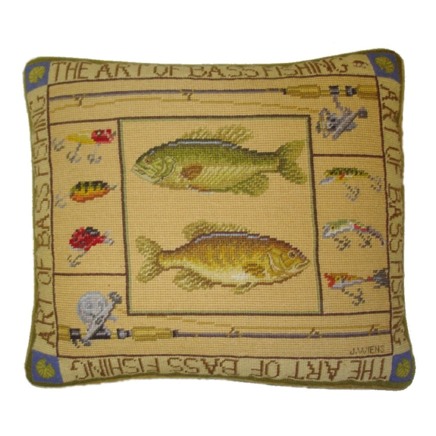Handmade Wool Needlepoint Pillow Cover - Decorative Throw Cushion Cover - Vintage Floral Embroidery Design James Wienss designThe art of bass fishing, &