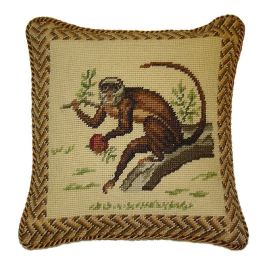 Handmade Wool Needlepoint Pillow Cover - Decorative Throw Cushion Cover - Vintage Floral Embroidery Design monkey carry leaves with cording