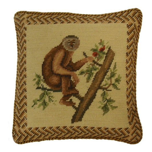 Handmade Wool Needlepoint Pillow Cover - Decorative Throw Cushion Cover - Vintage Floral Embroidery Design monkey holding the branch