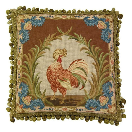 Handmade Wool Needlepoint Pillow Cover - Decorative Throw Cushion Cover - Vintage Floral Embroidery Design  Old World gallinaceous game bird -partridge looking back with tassels 1