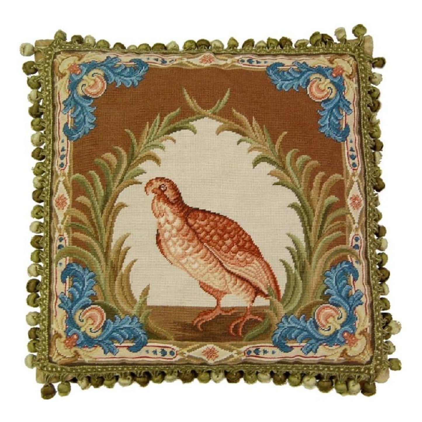 Handmade Wool Needlepoint Pillow Cover - Decorative Throw Cushion Cover - Vintage Floral Embroidery Design Old World gallinaceous game bird -partridge looking forward with tassels2