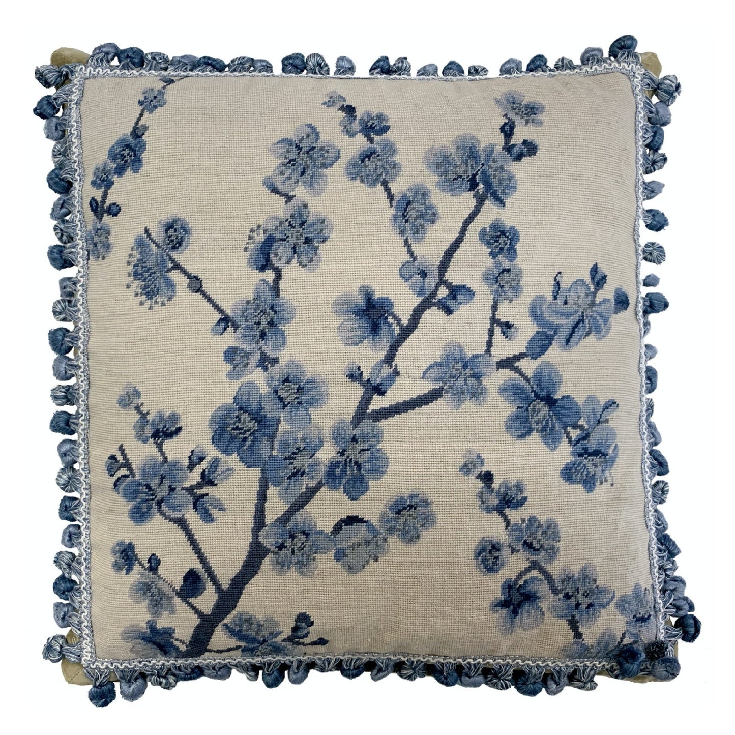 Handmade Wool Needlepoint Pillow Cover - Decorative Throw Cushion Cover - Vintage Floral Embroidery Design blue blooming plums with tassels