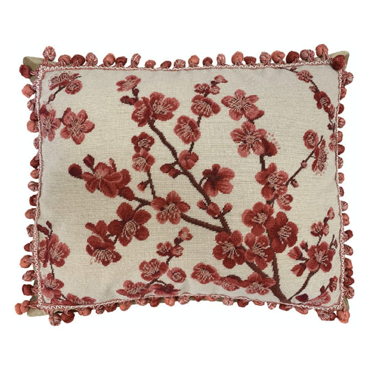 Handmade Wool Needlepoint Pillow Cover - Decorative Throw Cushion Cover - Vintage Floral Embroidery Design red blooming plums with tassels