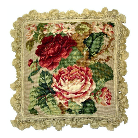 Handmade Wool Needlepoint Pillow Cover - Decorative Throw Cushion Cover - Vintage Floral Embroidery Design dark red cabbage roses green leaves nature tassels