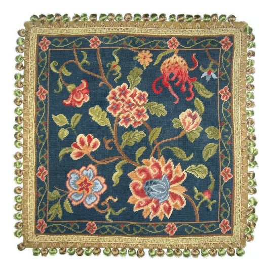 Handmade Wool Needlepoint Pillow Cover - Decorative Throw Cushion Cover - Vintage Floral Embroidery Design navy blue back Litchy flower 2 with blue heads with tassels