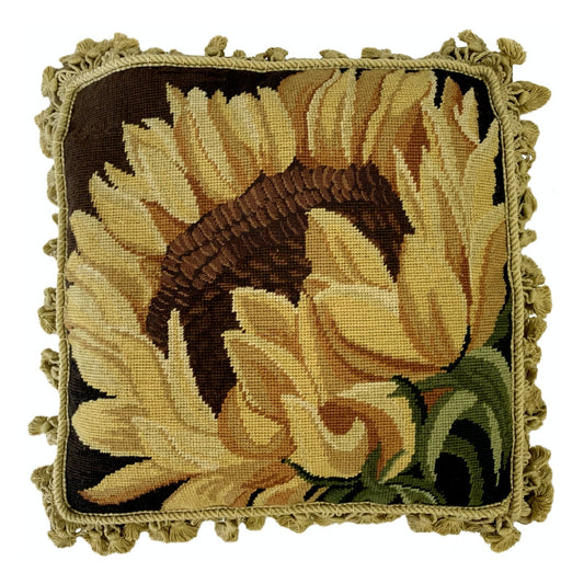 Handmade Wool Needlepoint Pillow Cover - Decorative Throw Cushion Cover - Vintage Floral Embroidery Designon yellow sunflower with tassels