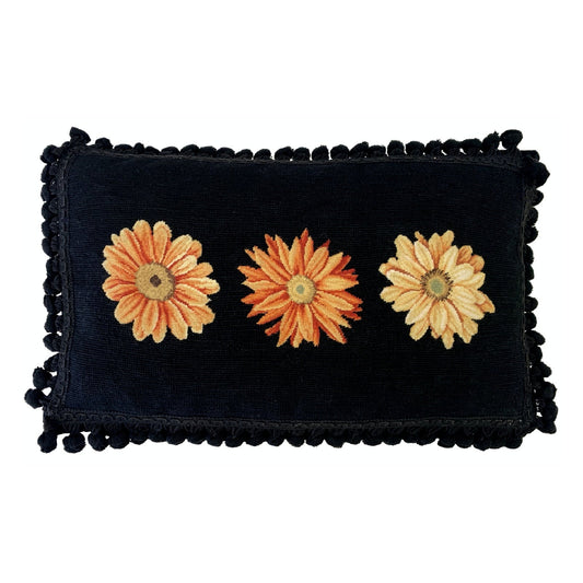 Handmade Wool Needlepoint Pillow Cover - Decorative Throw Cushion Cover - Vintage Floral Embroidery Design3 daisies black background back tassel