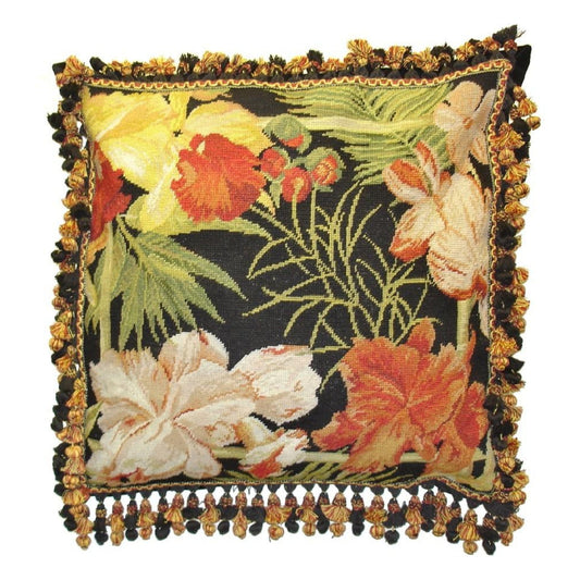 Handmade Wool Needlepoint Pillow Cover - Decorative Throw Cushion Cover - Vintage Floral Embroidery Design blackback banboo framed tropical flower in red, yellow, green with tassel