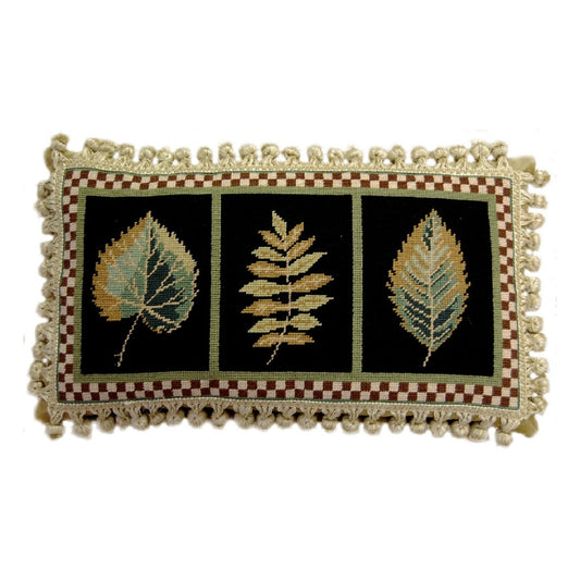 Handmade Wool Needlepoint Pillow Cover - Decorative Throw Cushion Cover - Vintage Floral Embroidery Design 3 leaves, L-L, black background with tassels