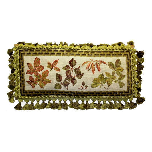 Handmade Wool Needlepoint Pillow Cover - Decorative Throw Cushion Cover - Vintage Floral Embroidery Design  leaves with brown bamboo frame 3 color tassels 1