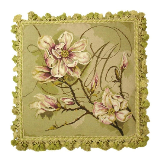 Handmade Wool Needlepoint Pillow Cover - Decorative Throw Cushion Cover - Vintage Floral Embroidery Design  Kathryn White designMagnolia Trumeau with tassel