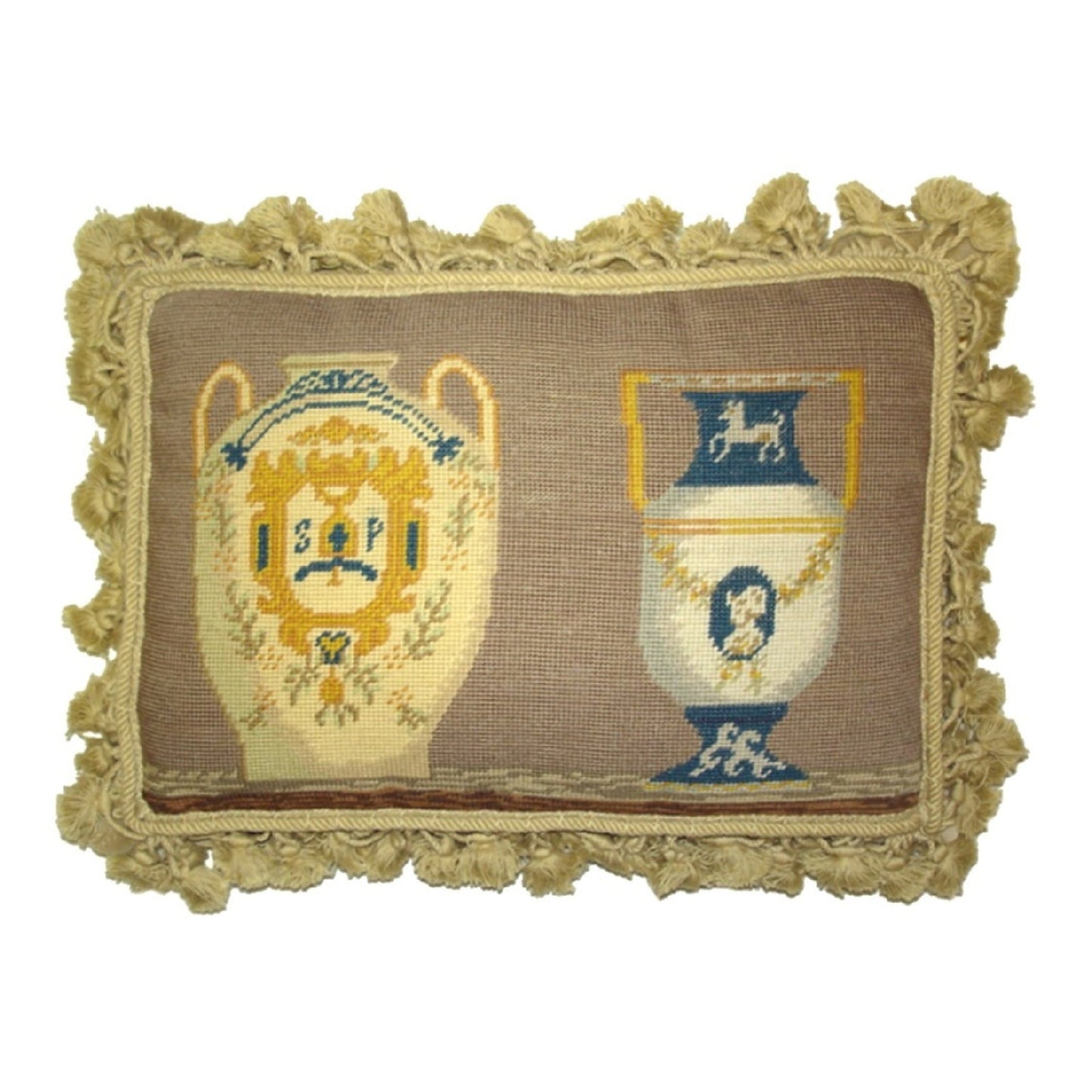 Handmade Wool Needlepoint Pillow Cover - Decorative Throw Cushion Cover - Vintage Floral Embroidery Design French antique Napoleon Bonaparte vases with tassels