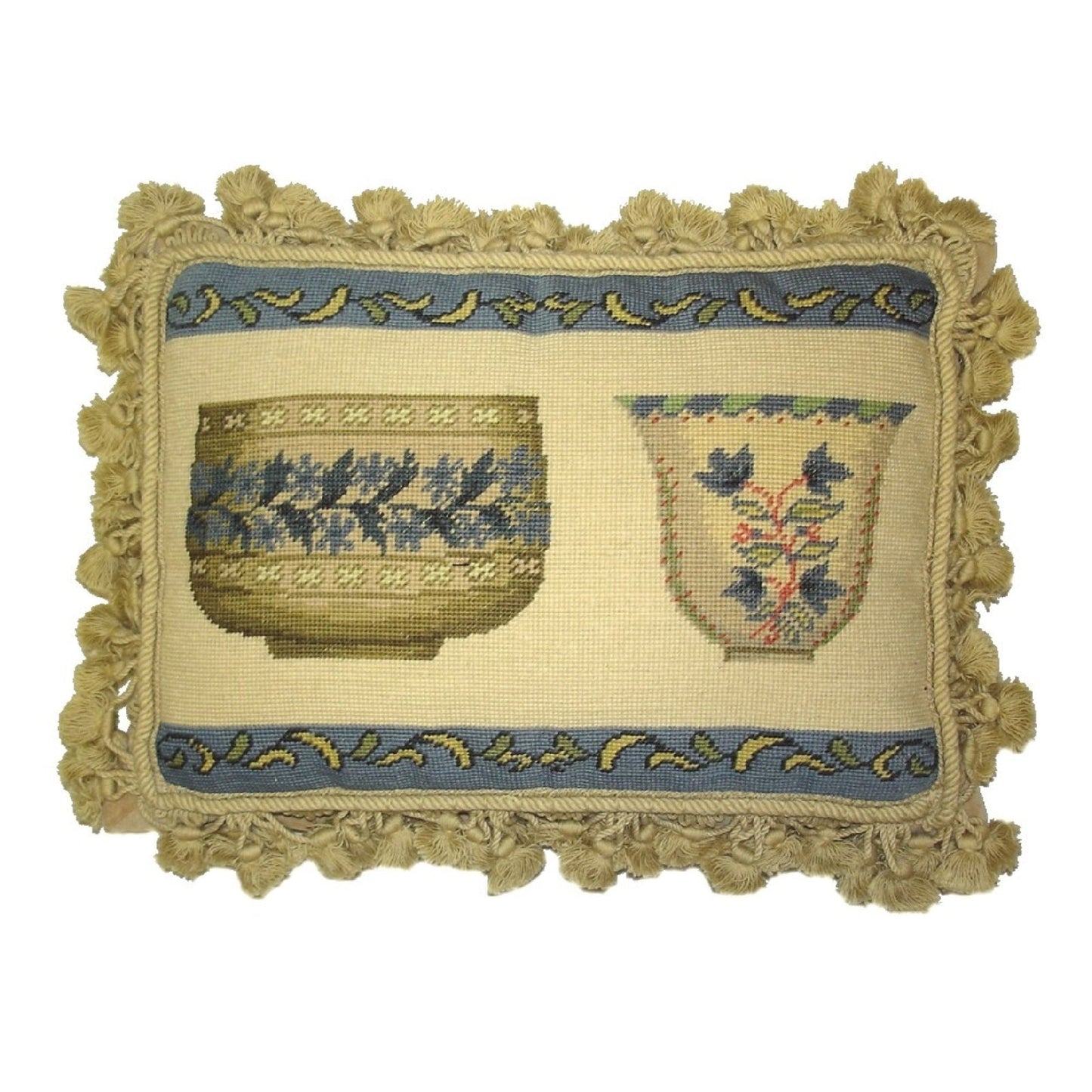 Handmade Wool Needlepoint Pillow Cover - Decorative Throw Cushion Cover - Vintage Floral Embroidery Design French antique bowl set with tassels