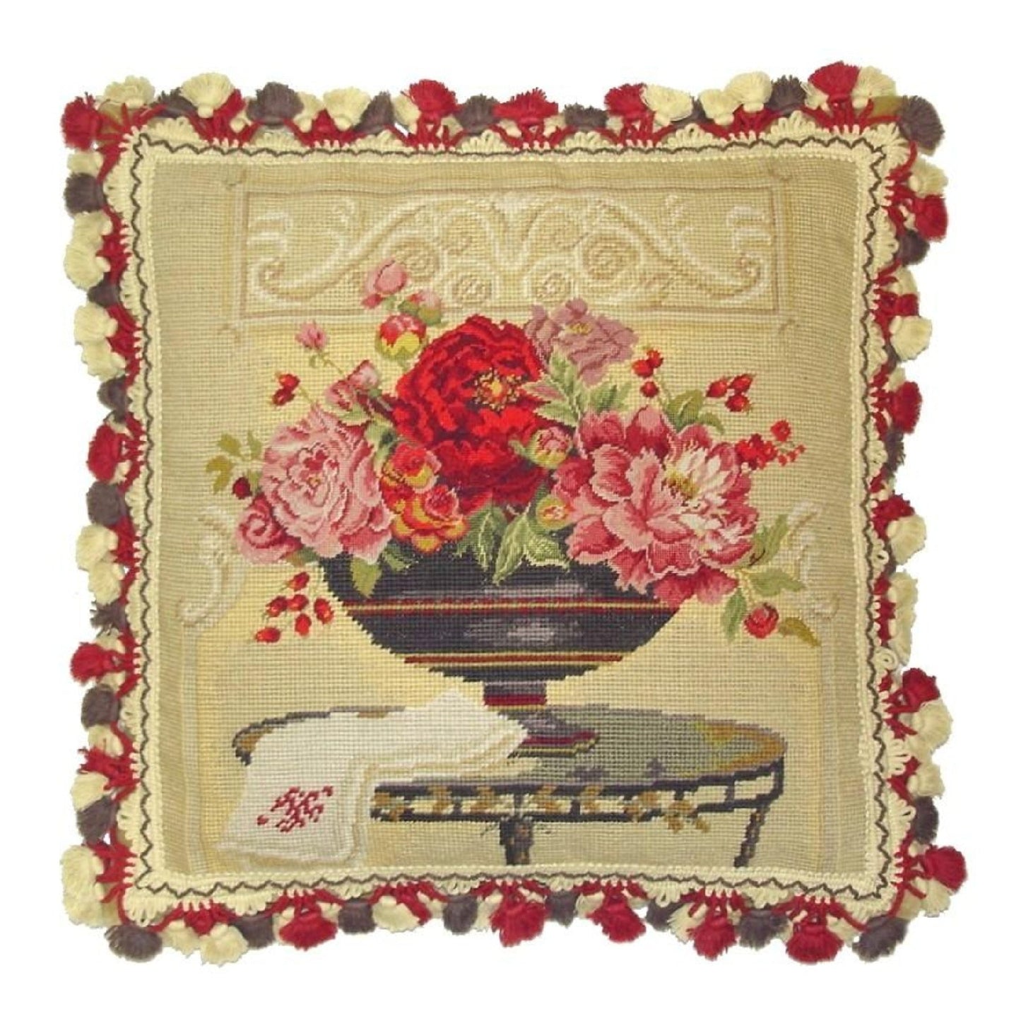 Handmade Wool Needlepoint Pillow Cover - Decorative Throw Cushion Cover - Vintage Floral Embroidery Design Kathryn White Design a