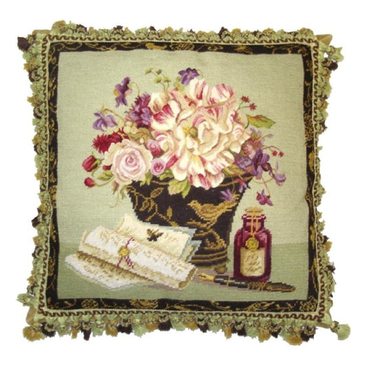 Handmade Wool Needlepoint Pillow Cover - Decorative Throw Cushion Cover - Vintage Floral Embroidery Design Kathryn White Design g