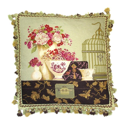 Handmade Wool Needlepoint Pillow Cover - Decorative Throw Cushion Cover - Vintage Floral Embroidery Design  Kathryn White Design I