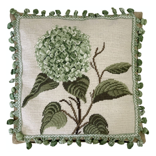 Handmade Wool Needlepoint Pillow Cover - Decorative Throw Cushion Cover - Vintage Floral Embroidery Design green hydrangea with green/white tassels