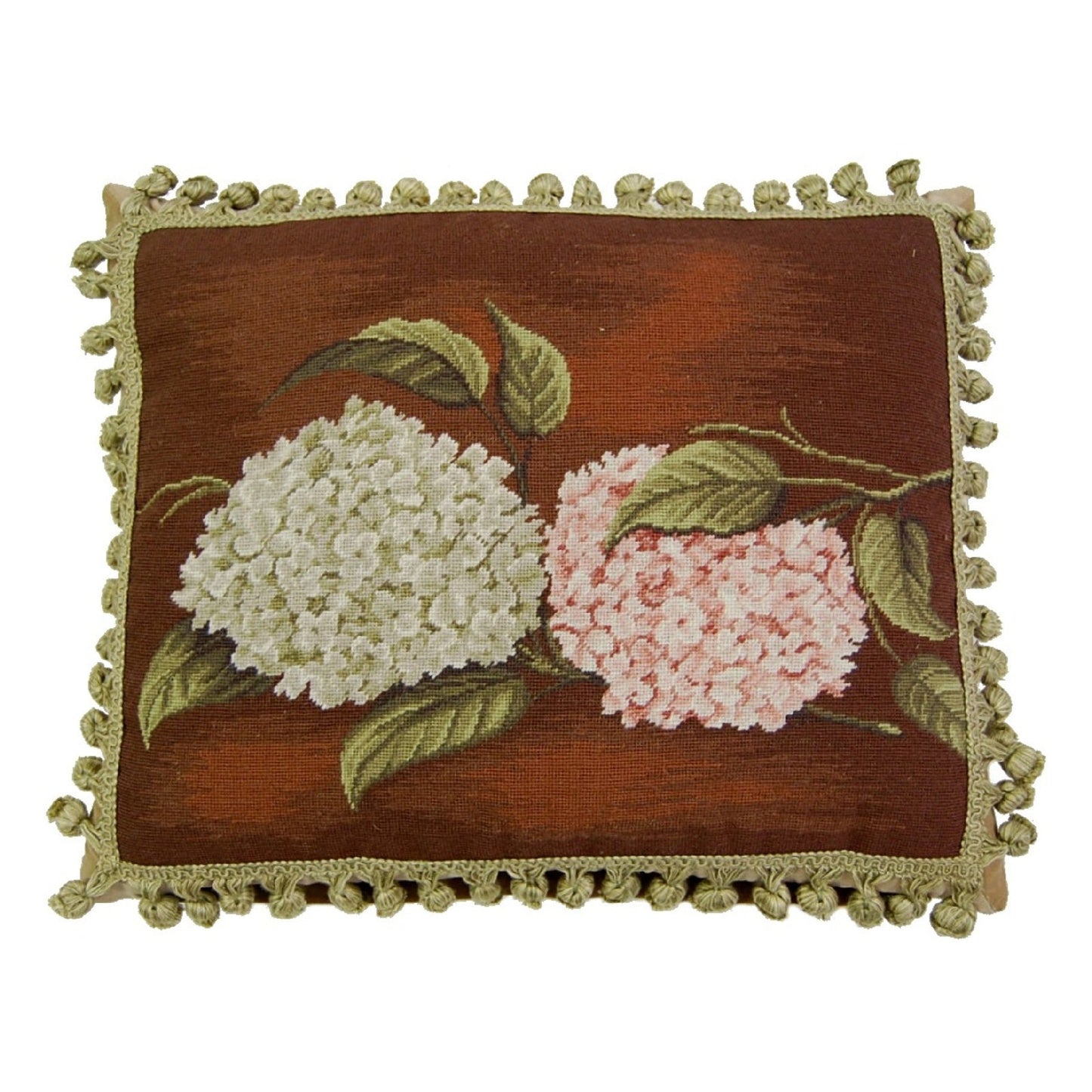 Handmade Wool Needlepoint Pillow Cover - Decorative Throw Cushion Cover - Vintage Floral Embroidery Design brown background pink & green hydrangea with tassels