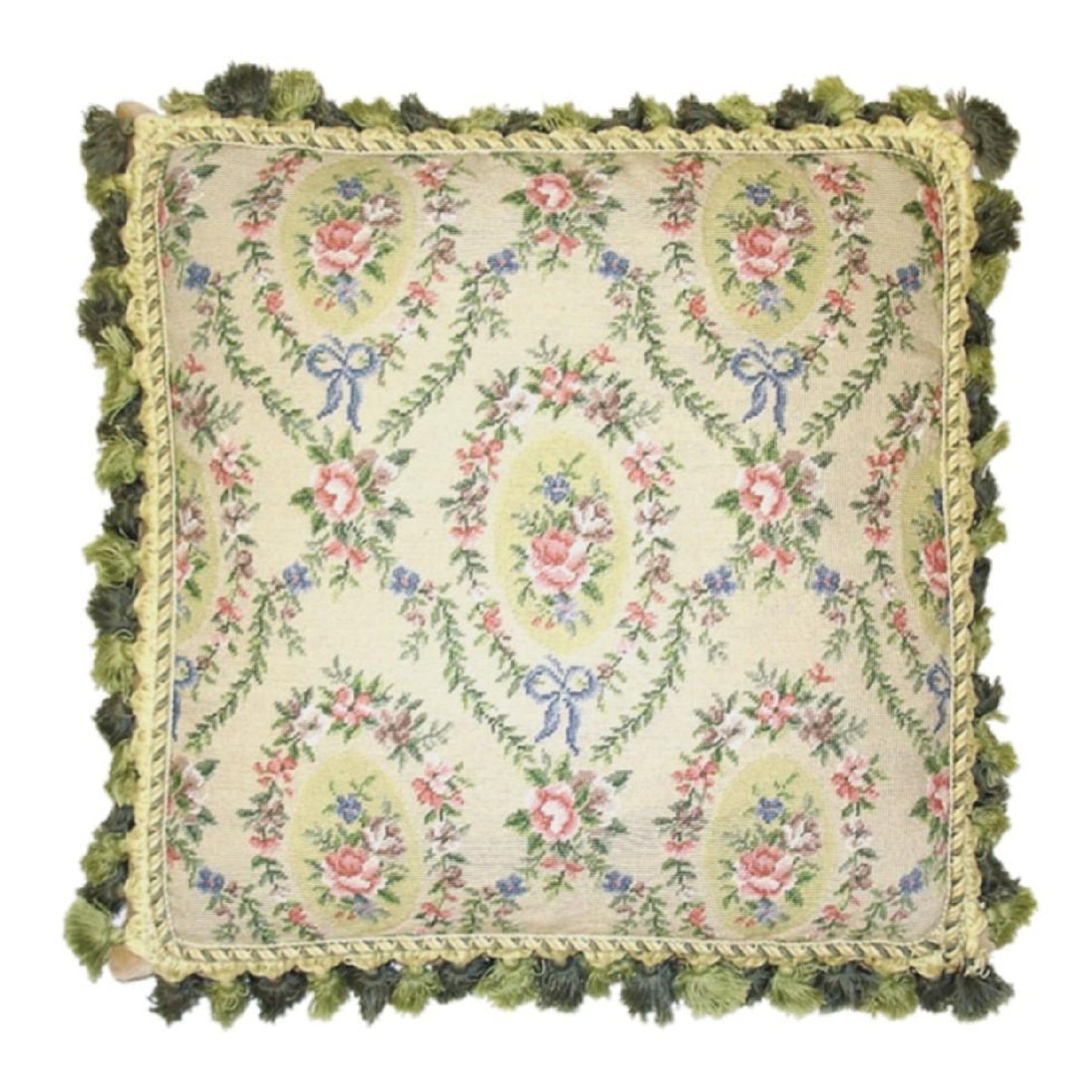 Handmade Wool Needlepoint Pillow Cover - Decorative Throw Cushion Cover - Vintage Floral Embroidery Design oval shape roses in the leave frame with 2 tone green tassel