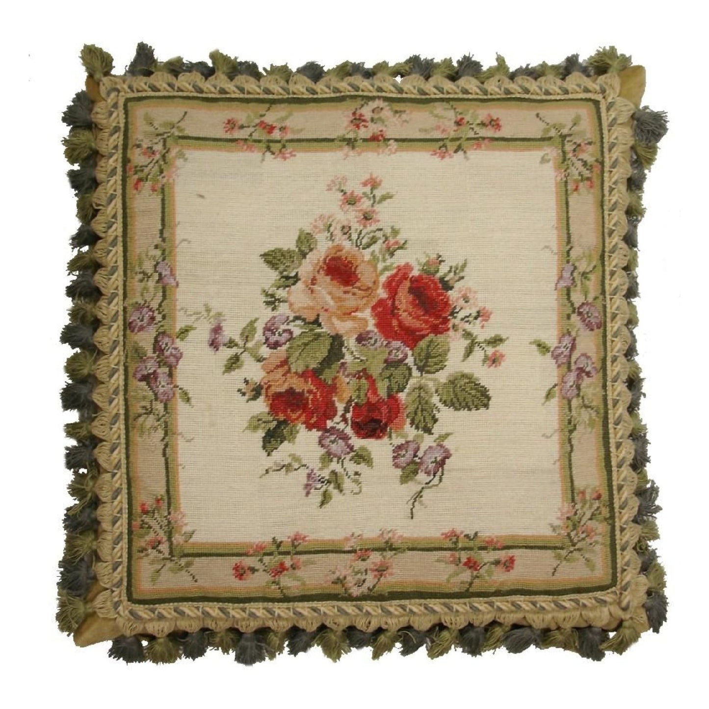 Handmade Wool Needlepoint Pillow Cover - Decorative Throw Cushion Cover - Vintage Floral Embroidery Design center roses small flowers around board 2 color back & tassel