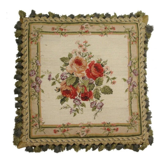 Handmade Wool Needlepoint Pillow Cover - Decorative Throw Cushion Cover - Vintage Floral Embroidery Design  center roses small flowers around board 2 color back & tassel
