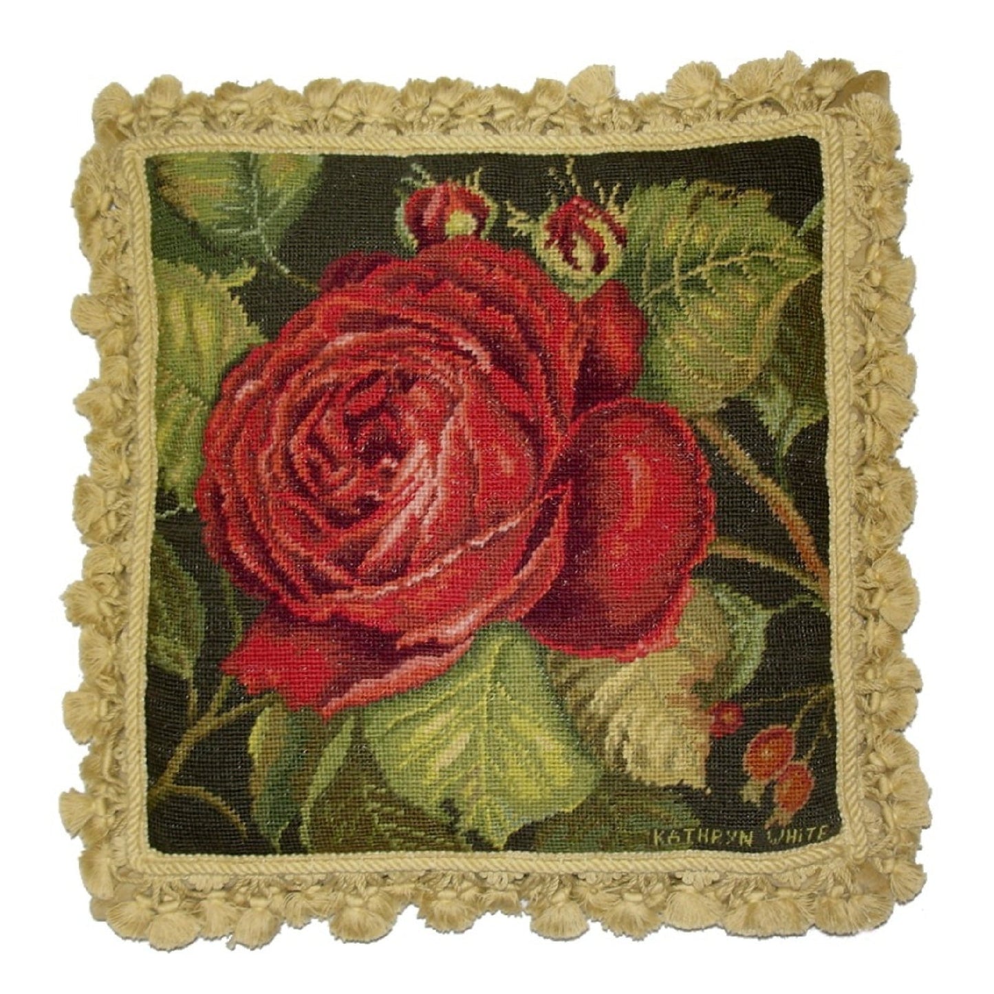 Handmade Wool Needlepoint Pillow Cover - Decorative Throw Cushion Cover - Vintage Floral Embroidery Design Kathryn White designRose Rouge, Grosspoint