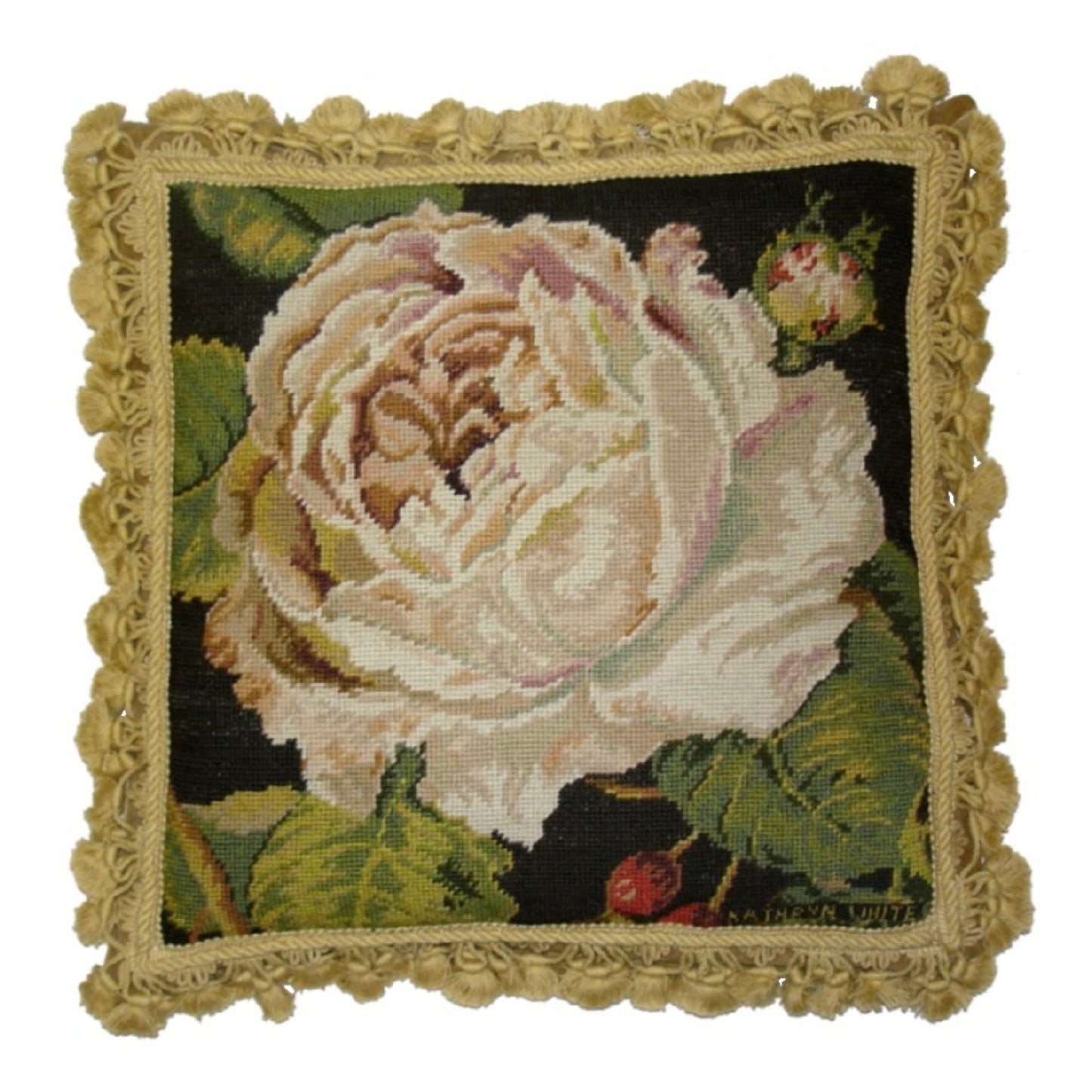Handmade Wool Needlepoint Pillow Cover - Decorative Throw Cushion Cover - Vintage Floral Embroidery Design Kathryn White designRose Blanche, grosspoint