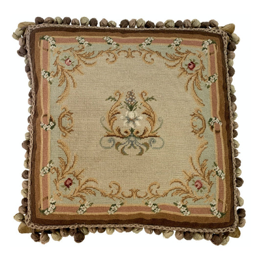 Handmade Wool Needlepoint Pillow Cover - Decorative Throw Cushion Cover - Vintage Floral Embroidery Design  yellow harp floral with 3 color tassel