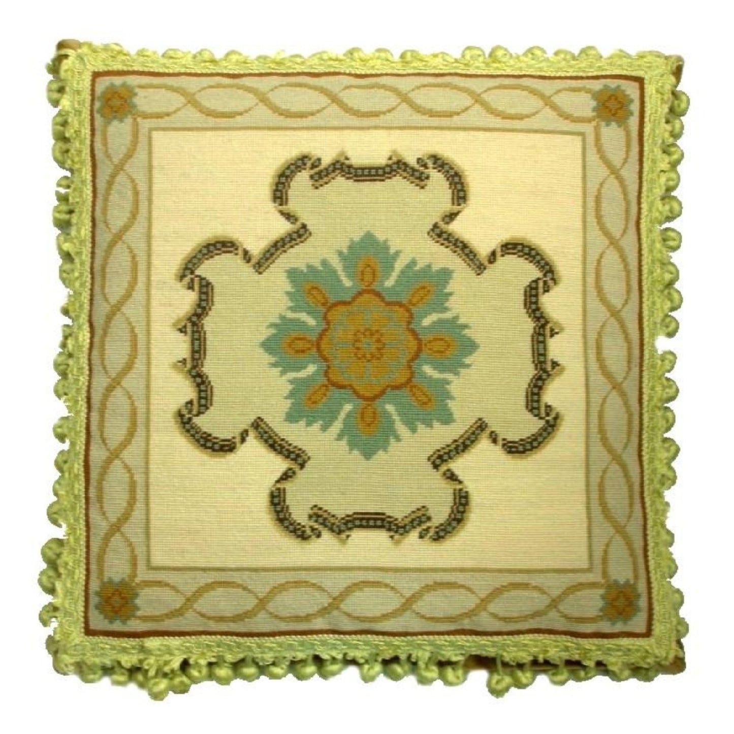 Handmade Wool Needlepoint Pillow Cover - Decorative Throw Cushion Cover - Vintage Floral Embroidery Design medallion center with tassels