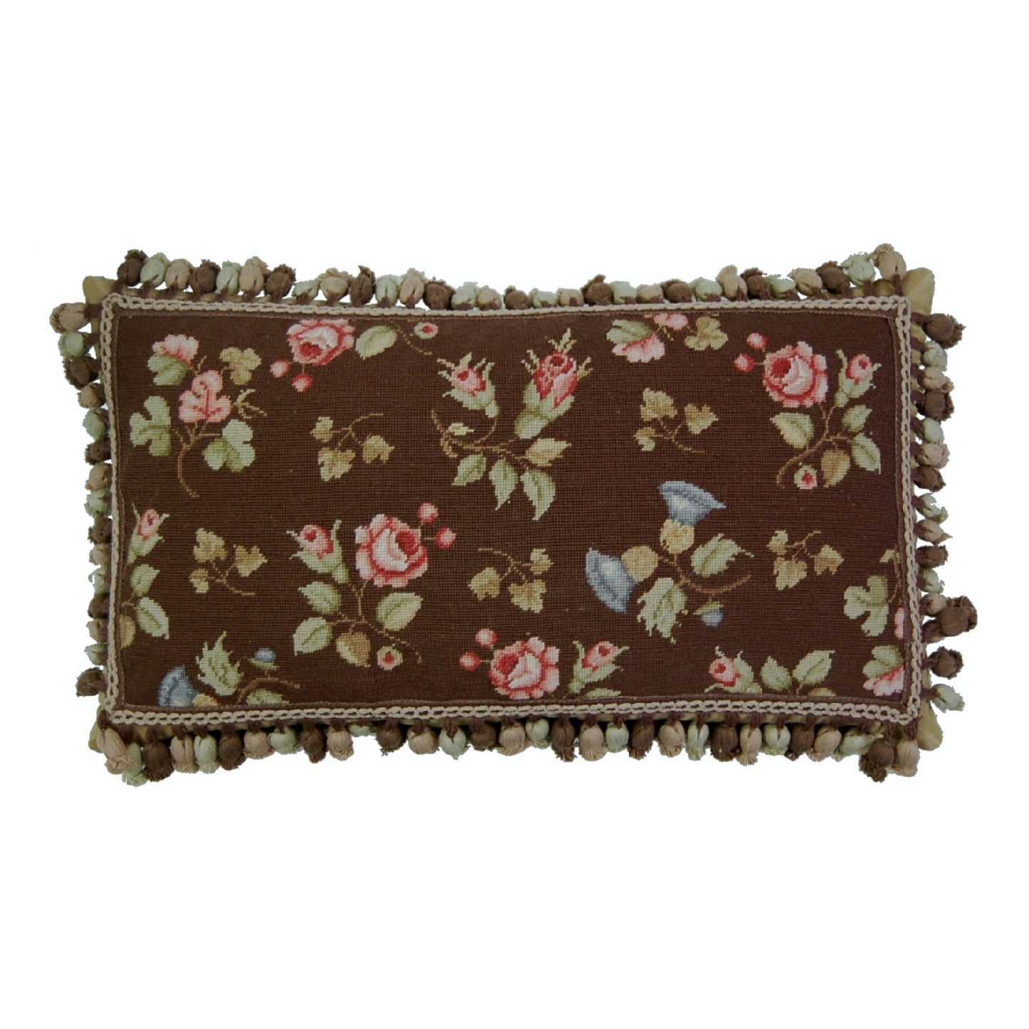 Handmade Wool Needlepoint Pillow Cover - Decorative Throw Cushion Cover - Vintage Floral Embroidery Design pink roses brown back with tassels