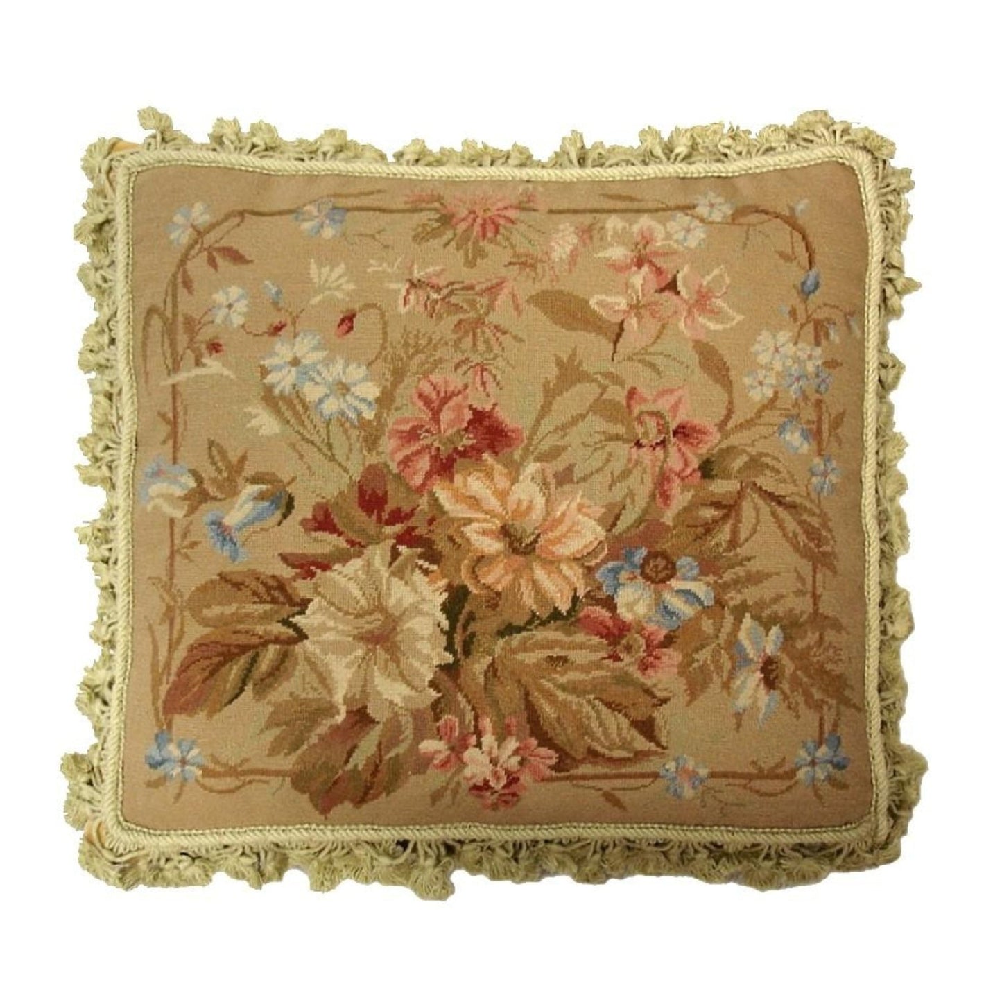 Handmade Wool Needlepoint Pillow Cover - Decorative Throw Cushion Cover - Vintage Floral Embroidery Design antique floral with nature tassel