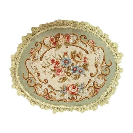 Handmade Wool Needlepoint Pillow Cover - Decorative Throw Cushion Cover - Vintage Floral Embroidery Design  oval pillow central flower light green frame nature tassels