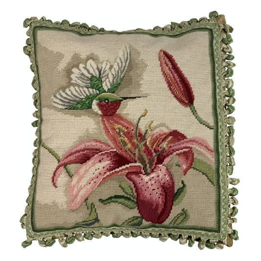 Handmade Wool Needlepoint Pillow Cover - Decorative Throw Cushion Cover - Vintage Floral Embroidery Designhummingbird top of pink lily with 2color tassel