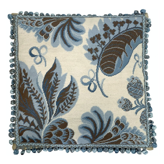 Handmade Wool Needlepoint Pillow Cover - Decorative Throw Cushion Cover - Vintage Floral Embroidery Design blue tropical leaves ivory background with tassels II