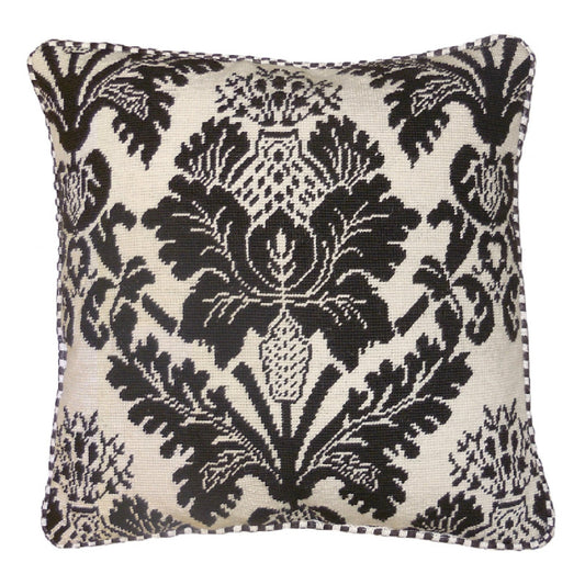 Handmade Wool Needlepoint Pillow Cover - Decorative Throw Cushion Cover - Vintage Floral Embroidery Design brown/white with cording