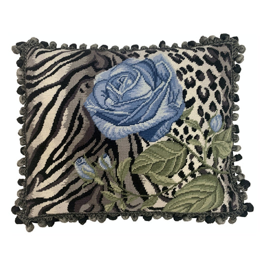 Handmade Wool Needlepoint Pillow Cover - Decorative Throw Cushion Cover - Vintage Floral Embroidery Design B/W leopard print blue rose with 3 color tassel