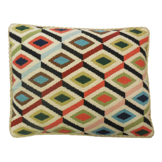 Handmade Wool Needlepoint Pillow Cover - Decorative Throw Cushion Cover - Vintage Floral Embroidery Design Grosspont multi-color 3D squares checker cording