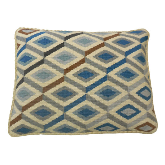 Handmade Wool Needlepoint Pillow Cover - Decorative Throw Cushion Cover - Vintage Floral Embroidery Design blue-gray-brown 3D square checker cording