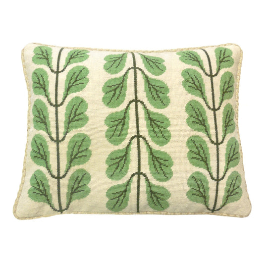 Handmade Wool Needlepoint Pillow Cover - Decorative Throw Cushion Cover - Vintage Floral Embroidery Design 3 lines green leaves checker cording