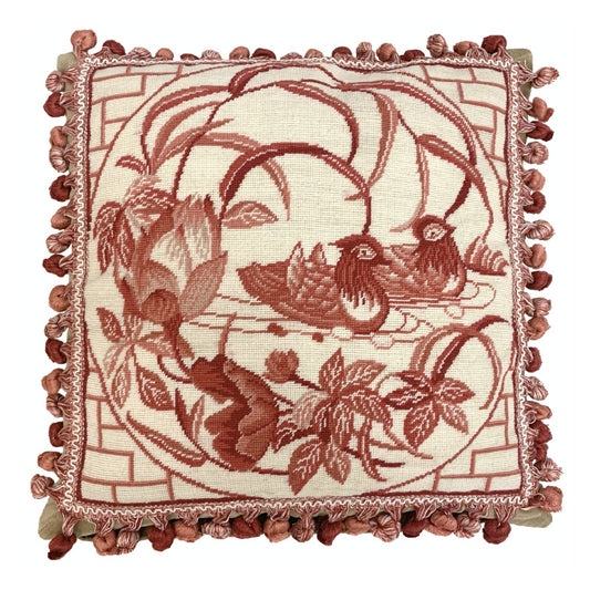 Handmade Wool Needlepoint Pillow Cover - Decorative Throw Cushion Cover - Vintage Floral Embroidery Design  red Mandarin Ducks lotus flower with tassels