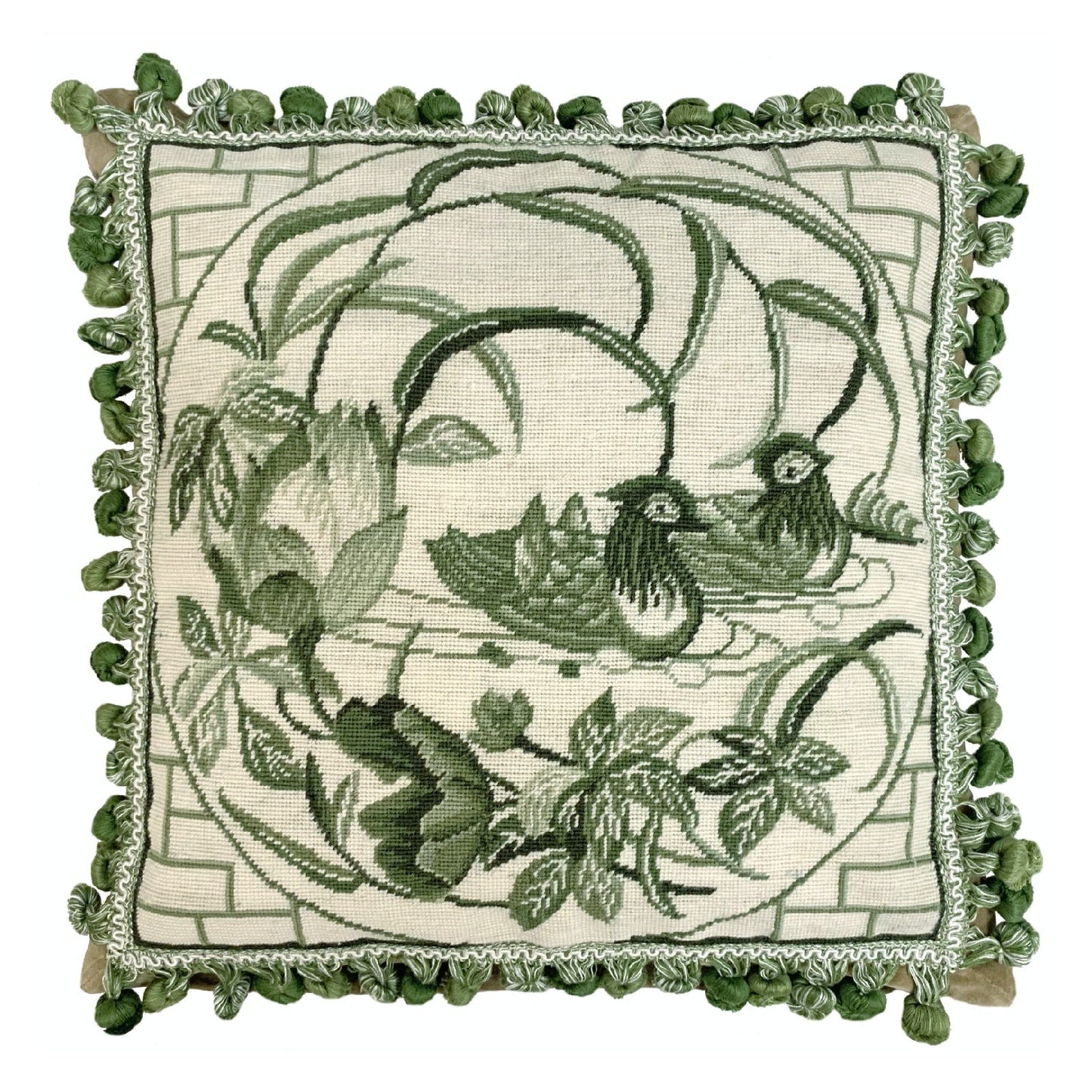 Handmade Wool Needlepoint Pillow Cover - Decorative Throw Cushion Cover - Vintage Floral Embroidery Design green Manderain Ducks lotus flower with tassels